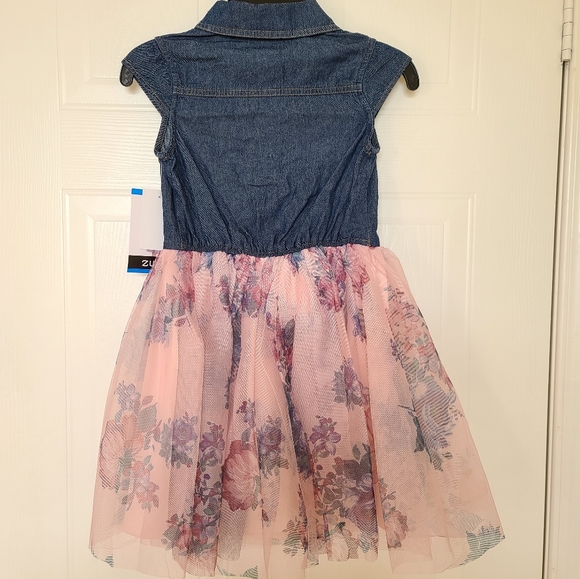 Zunie Denim Shirt Tulle Floral Dress, 7, Blue and Pink - Picture 2 of 6
